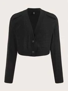 SHEINNeu Solid Button Front Crop Tee - Black - View 1