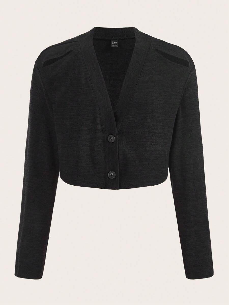 SHEINNeu Solid Button Front Crop Tee - Black - View 1