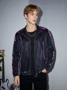 GENTILAND Men Hologram Zipper Up Jacket - Purple - View 1
