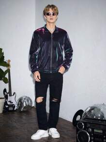 GENTILAND Men Hologram Zipper Up Jacket - Purple - View 5