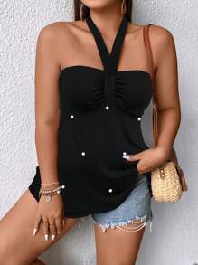 SHEIN LUNE 大碼珍珠串珠掛脖上衣 - 黑色 - 查看 6