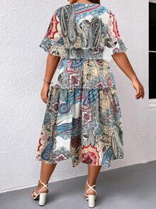 Breezaya 大碼佩斯利印花方領荷葉袖連衣裙 - 白色 - 查看 2