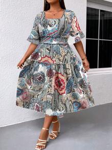 Breezaya 大碼佩斯利印花方領荷葉袖連衣裙 - 白色 - 查看 4