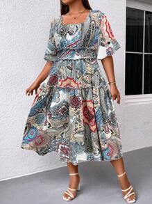 Breezaya 大碼佩斯利印花方領荷葉袖連衣裙 - 白色 - 查看 6