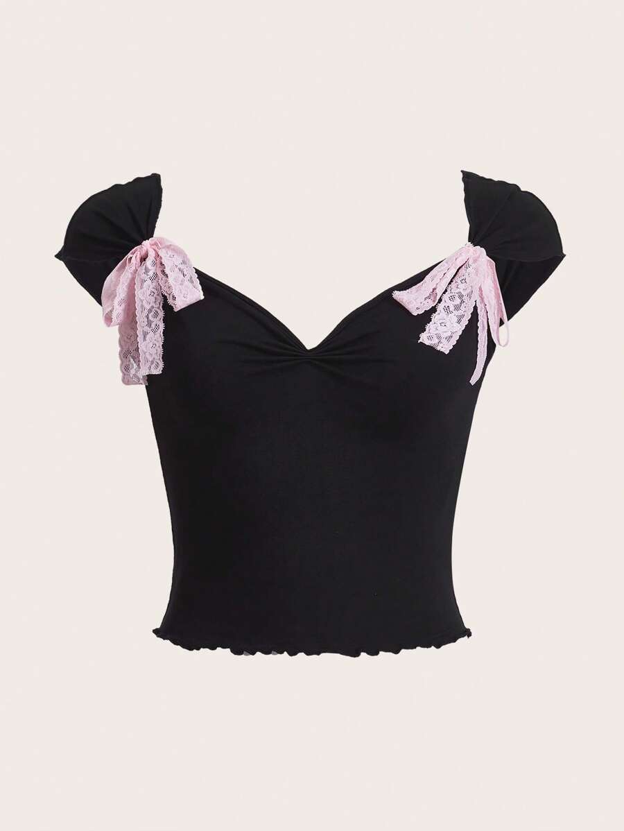 SHEIN ICON 前蝴蝶結木耳邊短款T恤