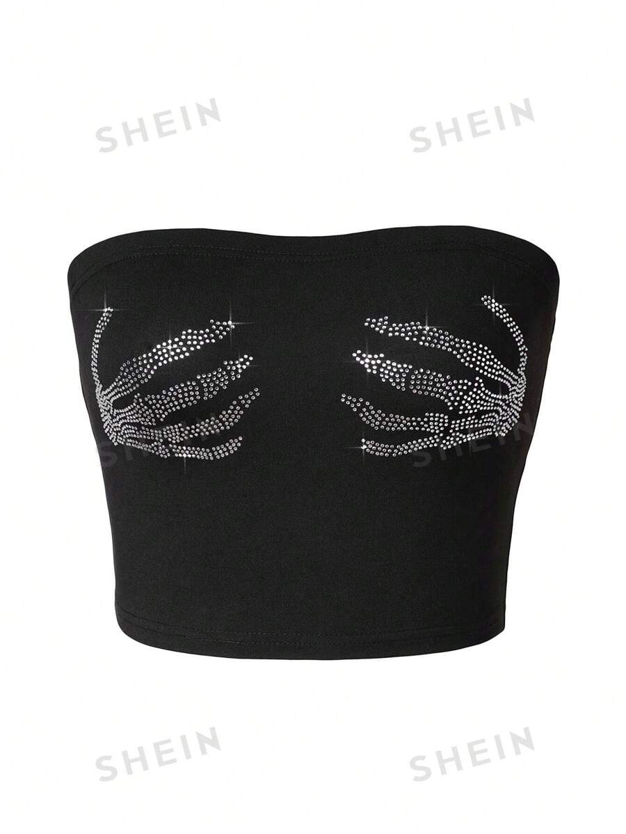 Rina Fox Top bandeau con diamante de imitación esqueleto mano patrón - Negro - Ver 1