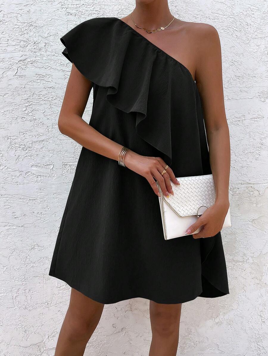 Breezaya 单肩荷叶边连衣裙 度假海滩装 女装 - 黑色 - 查看 1