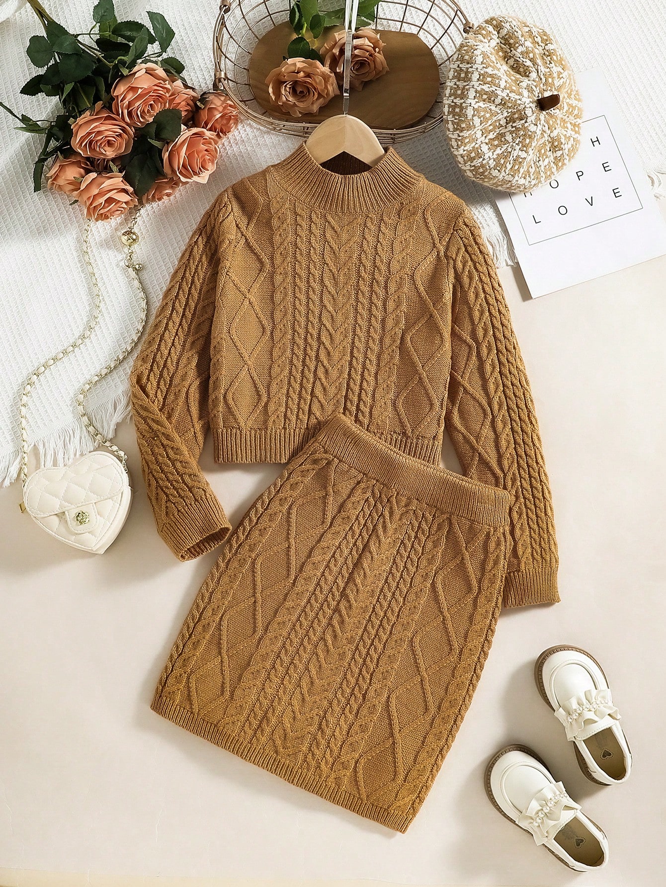 Tween Girl Cable Knit Mock Neck Sweater & Knit Skirt SHEIN USA