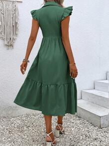 SHEIN Unity 素色前紐扣荷葉邊連衣裙 - 墨綠色 - 查看 2