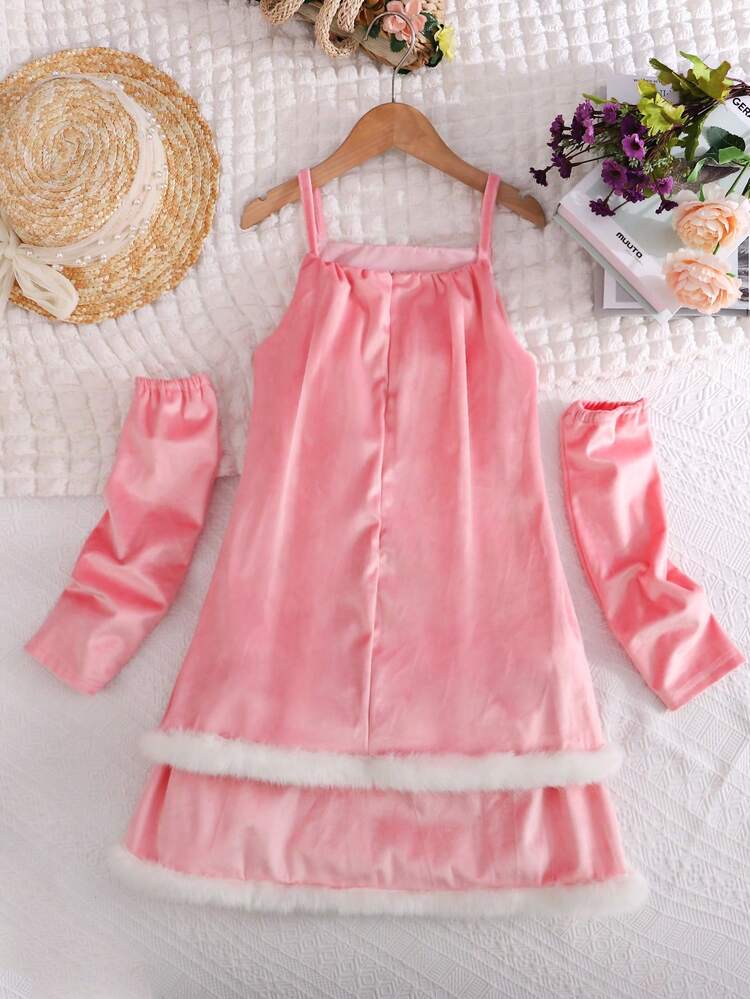 Tween Girl Gorgeous Pink Velvet Long Sleeve Dress With Plush Hem For Autumn