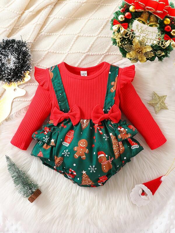 Baby Girl Christmas Print Ruffle Trim Bow Front 2 In 1 Bodysuit