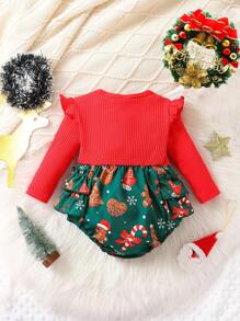 SHEIN 女嬰聖誕圖案荷葉邊前蝴蝶結二合一連身背心 - 彩色 - 查看 2