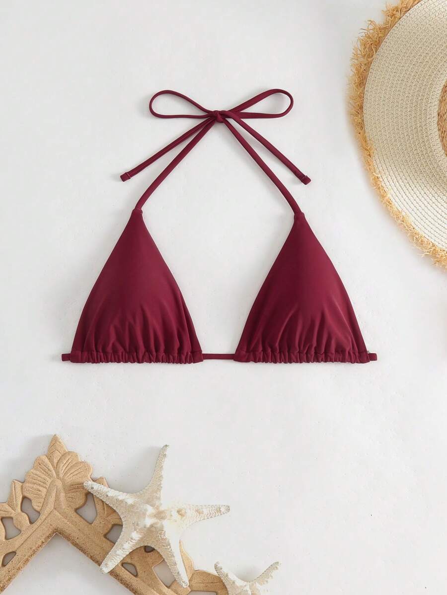SHEIN Swim 2025 Minimalist Solid Color Triangle Halter Neck Bikini Top (Removable Strap With Bow Knot) Summer - Burgundy - View 1