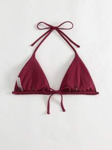 SHEIN Swim 2025 Minimalist Solid Color Triangle Halter Neck Bikini Top (Removable Strap With Bow Knot) Summer - Burgundy - View 2