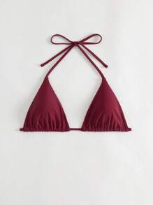 SHEIN Swim 2025 Minimalist Solid Color Triangle Halter Neck Bikini Top (Removable Strap With Bow Knot) Summer - Burgundy - View 3