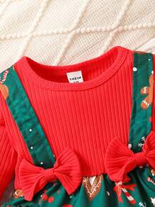 SHEIN 女嬰聖誕圖案荷葉邊前蝴蝶結二合一連身背心 - 彩色 - 查看 3