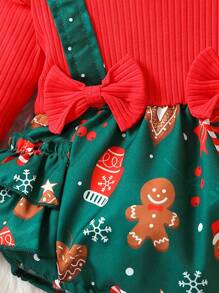 SHEIN 女嬰聖誕圖案荷葉邊前蝴蝶結二合一連身背心 - 彩色 - 查看 6
