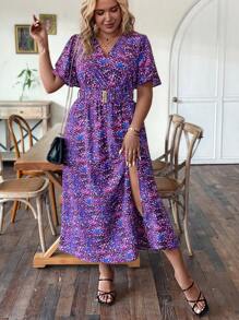 SHEIN Franclia Hơn In Toàn bộ áo tay bướm Tách đùi Đầm Không có thắt lưng - Màu tím - Xem 3