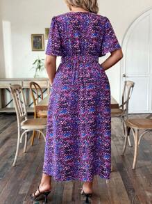 SHEIN Franclia Hơn In Toàn bộ áo tay bướm Tách đùi Đầm Không có thắt lưng - Màu tím - Xem 2