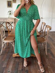 Breezaya 大碼碎花深V領高衩連衣裙 - 綠色 - 查看 1