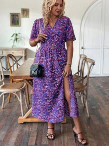 SHEIN Franclia Hơn In Toàn bộ áo tay bướm Tách đùi Đầm Không có thắt lưng - Màu tím - Xem 4