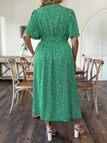Breezaya 大碼碎花深V領高衩連衣裙 - 綠色 - 查看 2