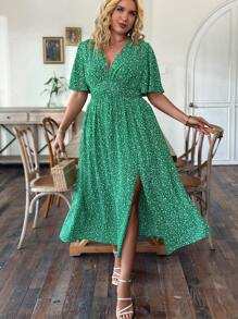 Breezaya 大碼碎花深V領高衩連衣裙 - 綠色 - 查看 3