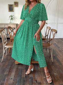 Breezaya 大碼碎花深V領高衩連衣裙 - 綠色 - 查看 4
