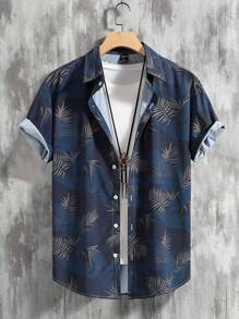 Manfinity RSRT Men Tropical Print Shirt , Short Sleeve Button Up Graphic Colorful Shirt , Vacation Beach - Navy Blue - View 1