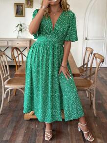 Breezaya 大碼碎花深V領高衩連衣裙 - 綠色 - 查看 6