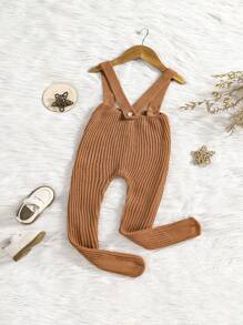 Baby Girl Solid Ribbed Knit Suspender Trousers - Brown - View 1