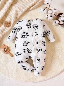 Baby Boy Panda Print Zip Up Snug Fit Sleep Jumpsuit - White - View 1