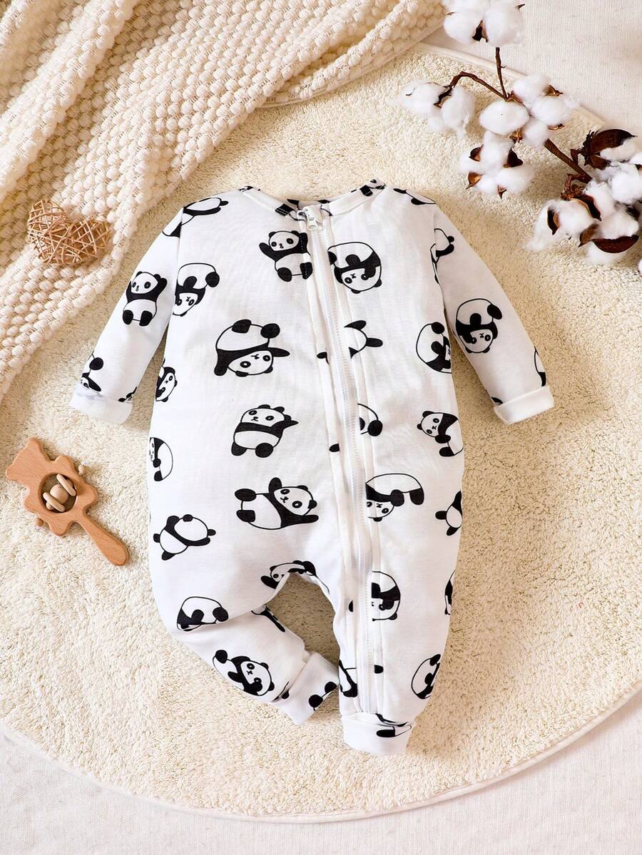 Baby Boy Panda Print Zip Up Snug Fit Sleep Jumpsuit - White - View 1