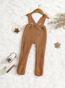 Baby Girl Solid Ribbed Knit Suspender Trousers - Brown - View 2