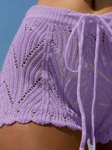 SHEIN Swim 鏤空腰部抽繩勾織罩衫短褲 - 紫丁香色 - 查看 3