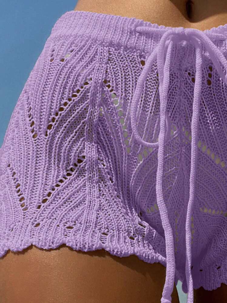 SHEIN Swim Summer Beach Hollow Out Drawstring Waist Crochet Cover Up Shorts - Lilac Purple - View 3