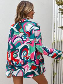 SHEIN VCAY 滿版印花落肩袖襯衫&短褲 - 彩色 - 查看 2