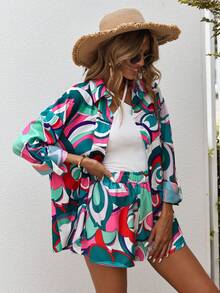 SHEIN VCAY 滿版印花落肩袖襯衫&短褲 - 彩色 - 查看 4