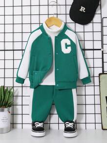 SHEIN 男嬰字母貼布插肩袖飛行員夾克和運動褲不帶T恤 - 綠色 - 查看 1