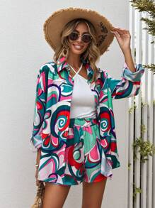 SHEIN VCAY 滿版印花落肩袖襯衫&短褲 - 彩色 - 查看 5