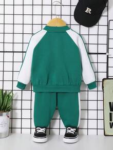 SHEIN 男嬰字母貼布插肩袖飛行員夾克和運動褲不帶T恤 - 綠色 - 查看 2
