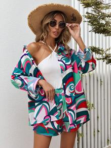 SHEIN VCAY 滿版印花落肩袖襯衫&短褲 - 彩色 - 查看 1