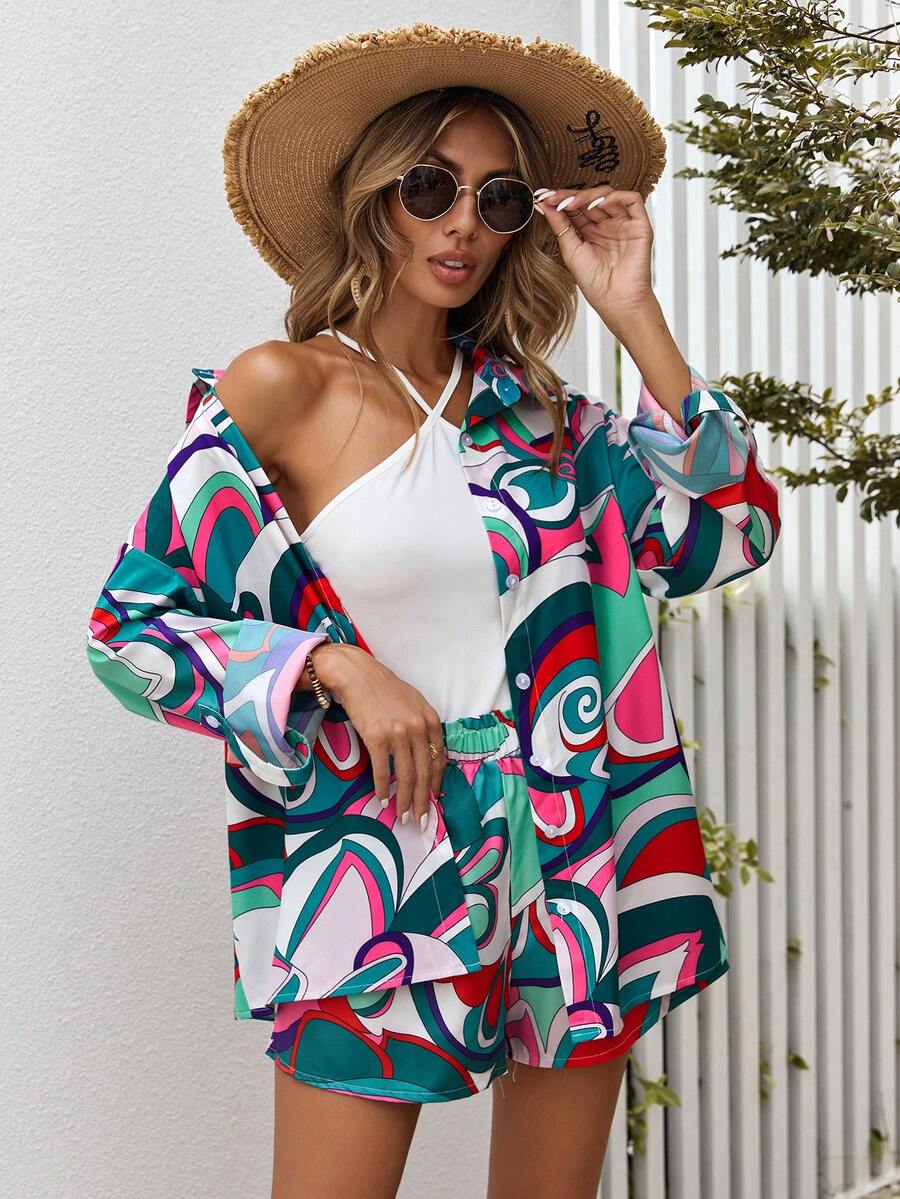 SHEIN VCAY 滿版印花落肩袖襯衫&短褲 - 彩色 - 查看 1