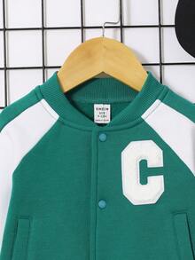 SHEIN 男嬰字母貼布插肩袖飛行員夾克和運動褲不帶T恤 - 綠色 - 查看 3