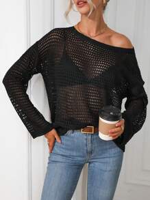 SHEIN LUNE Jersey unicolor de hombros caídos tejido abierto sin sujetador - Negro - Ver 1