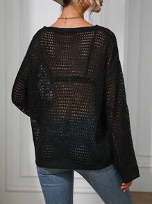 SHEIN LUNE Jersey unicolor de hombros caídos tejido abierto sin sujetador - Negro - Ver 2