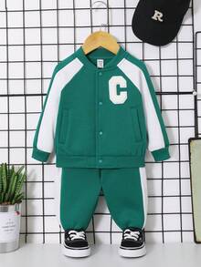 SHEIN 男嬰字母貼布插肩袖飛行員夾克和運動褲不帶T恤 - 綠色 - 查看 7
