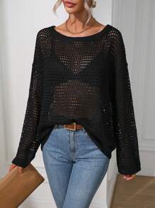 SHEIN LUNE Jersey unicolor de hombros caídos tejido abierto sin sujetador - Negro - Ver 5