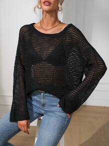 SHEIN LUNE Jersey unicolor de hombros caídos tejido abierto sin sujetador - Negro - Ver 6