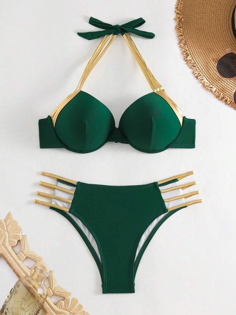 Ladder Cut-Out Push Up Bikini Set - Dark Green - View 1